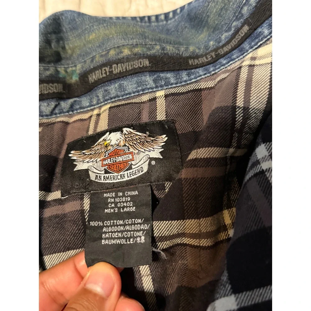 Harley Davidson Denim Jacket Mens Large Blue Blanket Lined Wolf Embroidered Logo